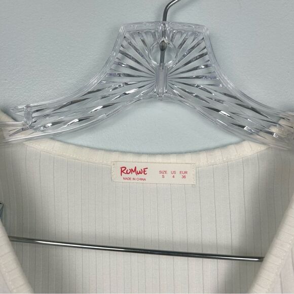 Romwe Ribbed V-Neck Long Sleeve Cropped Faux Wrap Top White Sz 4 - Picture 5 of 13